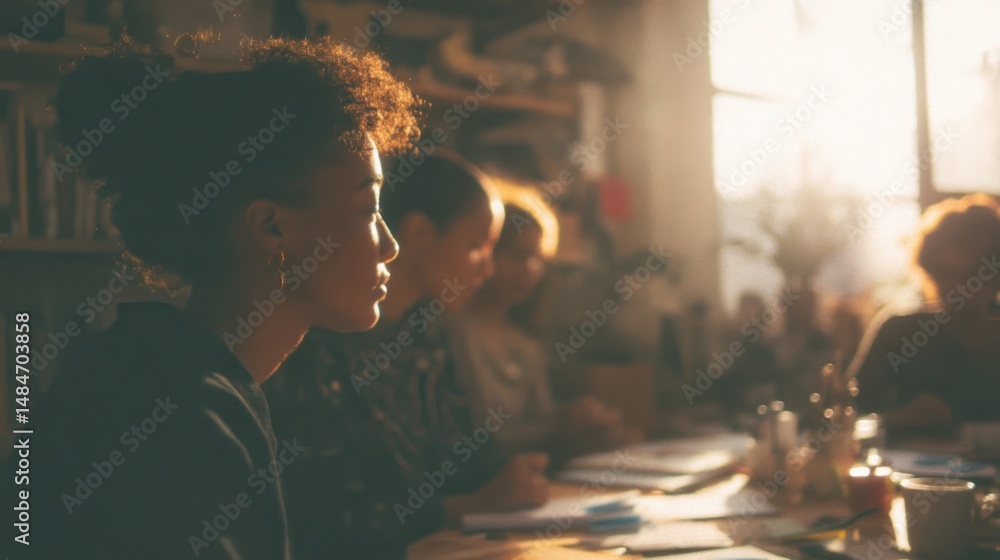 Aufkleber diverse group of people at a table in warm sunlight, illustrating teamwork and collaboration in a cr