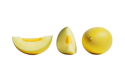Slices and whole yellow melon fruit.  Sweet, juicy flesh