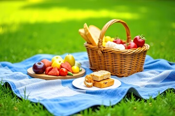 Picnic blanket with fruit, bread, and basket on sunny lawn