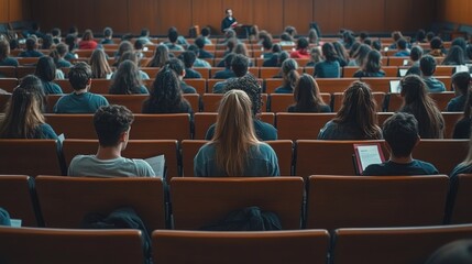 A university lecture hall filled with students studying business strategy concepts 