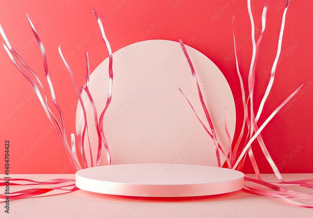 Poster a minimalist display featuring a circular frame adorned with elegant red ribbons and festive berries