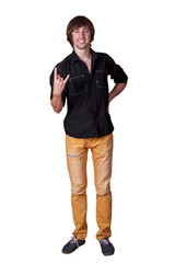 Young man expressing excitement in casual fashion with confident pose