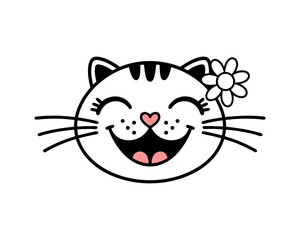 Cute Cat Face with Heart Nose in Minimal Line Style Vector Illustration
