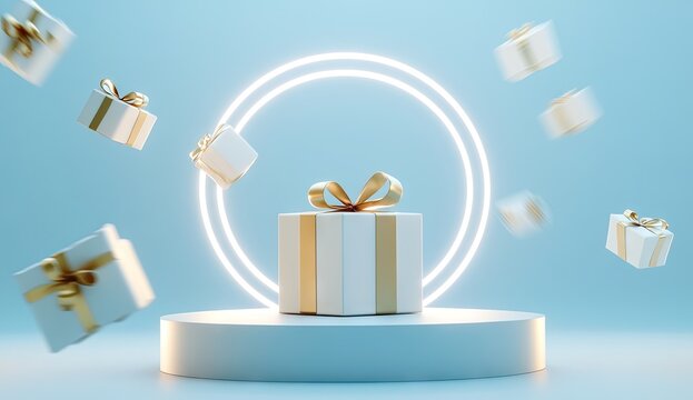 A modern display of floating gift boxes with red ribbons on a circular pedestal. set against a serene turquoise backdrop. perfect for holiday or celebration promotions