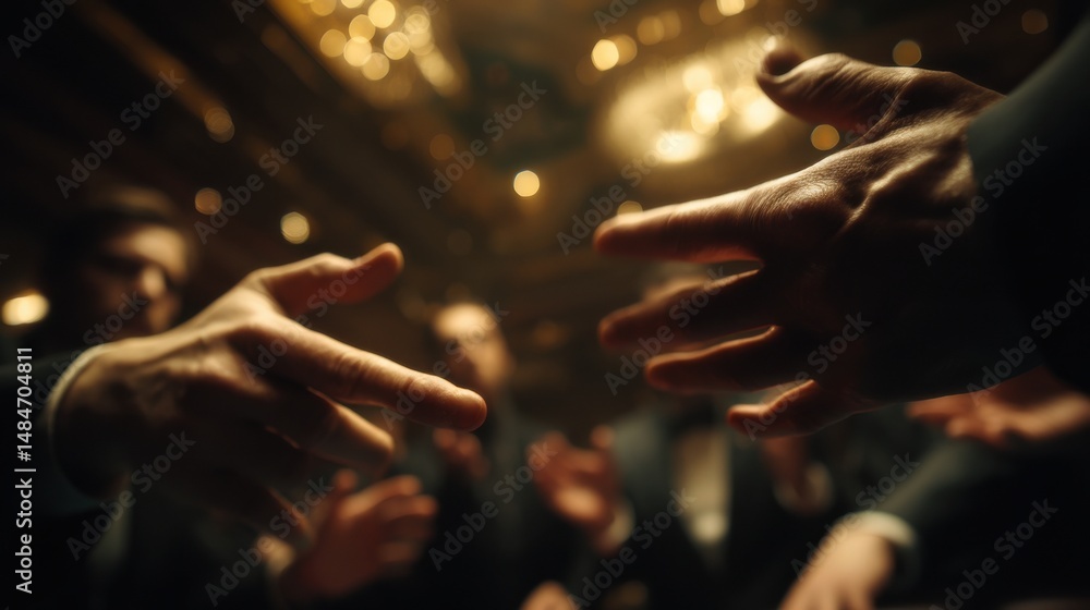 Poster close up of two hands reaching out in a formal event setting with blurred people and bokeh lights, s