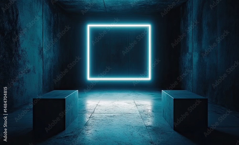 Poster a minimalist. illuminated room featuring a sleek platform and glowing rectangular outlines against a