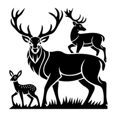 Black and white illustration of a deer family, including a stag, doe, and fawn, standing together in a stylized, detailed graphic with strong shading and line work.