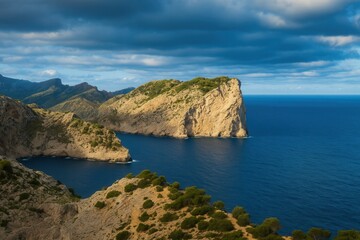 Fototapeta premium A stunning view of rugged cliffs extending into the deep blue sea, with lush greenery and dramatic clouds overhead