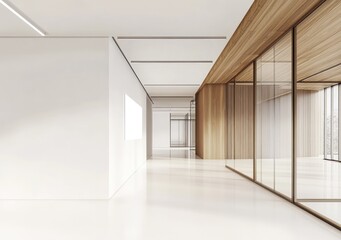 Obraz premium Modern office interior featuring a sleek corridor with wooden paneling and glass walls. showcasing greenery and an inviting workspace in the background