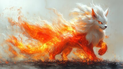 Fiery mythical creature, walking in flames