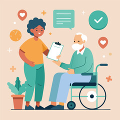 Young Caregiver Assisting Senior in Wheelchair with Documents