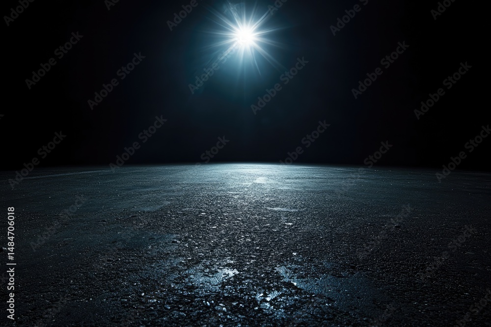 Poster a dimly lit stage with a polished floor. illuminated by two overhead lights. creating a dramatic atm