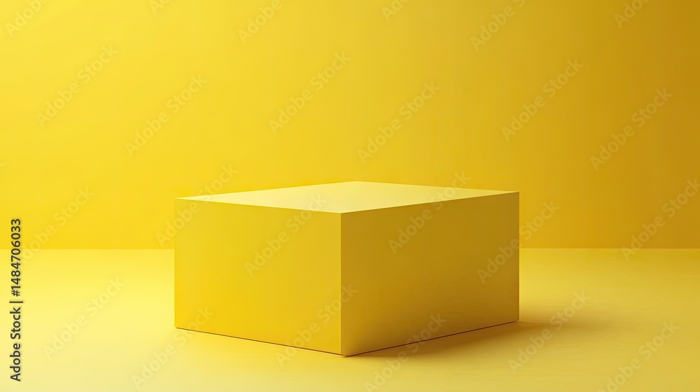 Poster a minimalist yellow room featuring a simple geometric seating structure. creating a vibrant atmosphe