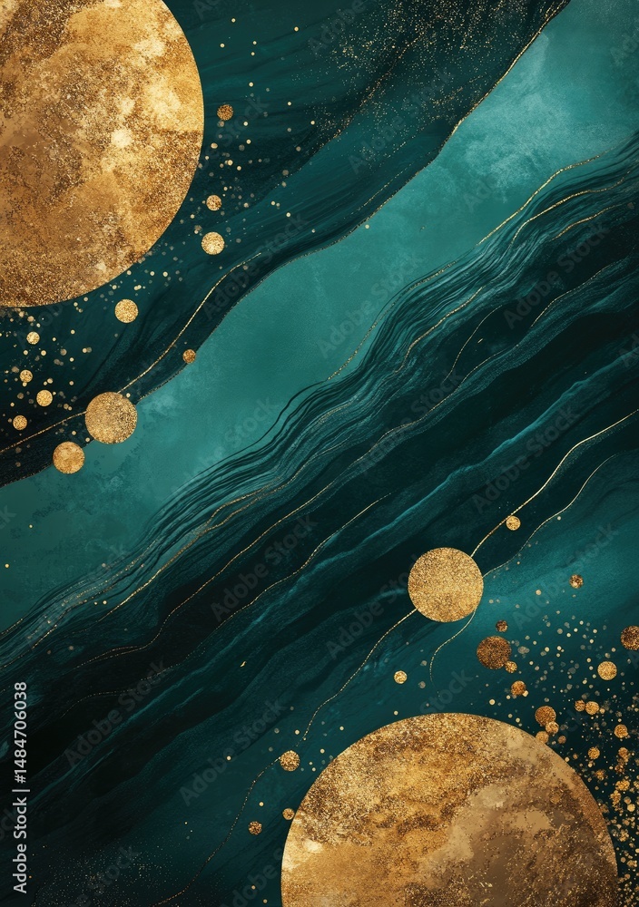 Poster abstract cosmic scene featuring swirling teal and gold elements. with shimmering particles creating 
