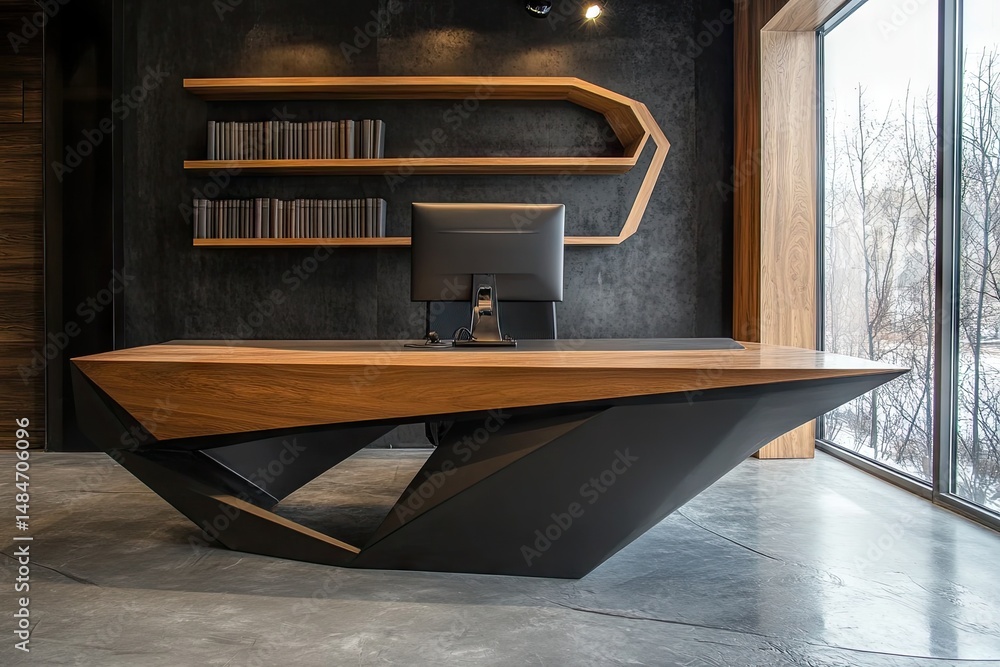 Poster modern minimalist office reception area featuring a sleek wooden desk and a computer. with open shel