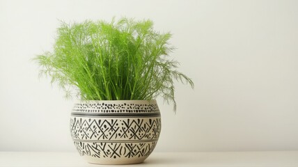 Vibrant Fennel Plant in a Decorative Ceramic Pot with Bold Patterns on a Simple Background