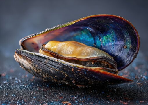 Close-up of an open mussel shell with shimmering colors.