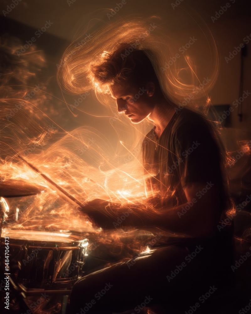 Poster young man playing drums with dynamic fiery light trails, representing passionate performance and cre