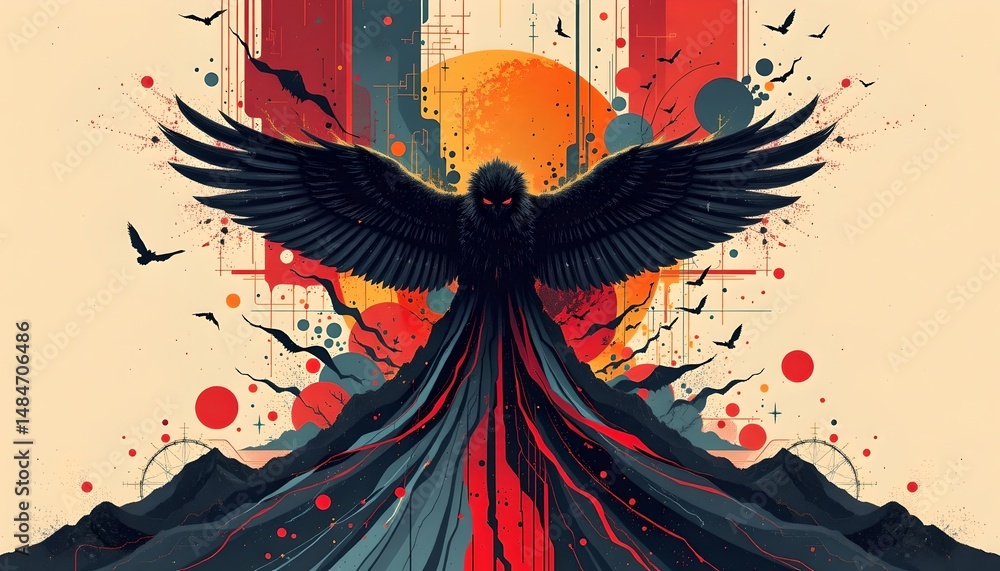 Poster captivating bird set against a red and black background in an abstract conceptual artwork