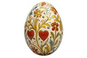 Decorated easter egg with hearts and floral patterns on transparent background