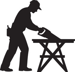 Silhouette Of A Carpenter Using A Hand Saw On A Sawhorse Table.