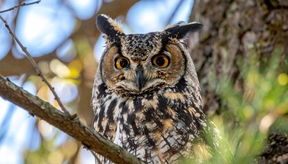 Obraz premium A majestic great horned owl perches serenely amidst leafy branches