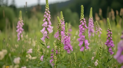 Obraz premium Vibrant Field of Blooming Pink Foxglove Flowers Gently Swaying in a Lush Green Meadow
