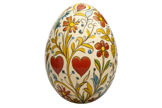 Decorated easter egg with hearts and floral patterns on transparent background