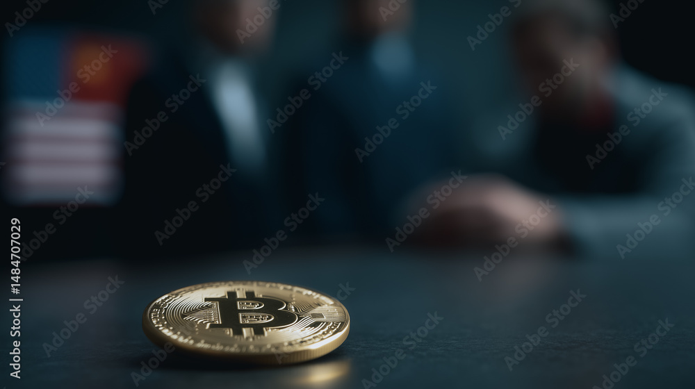 Aufkleber bitcoin on the boardroom table: a striking close-up of a bitcoin coin gleaming on a boardroom table,