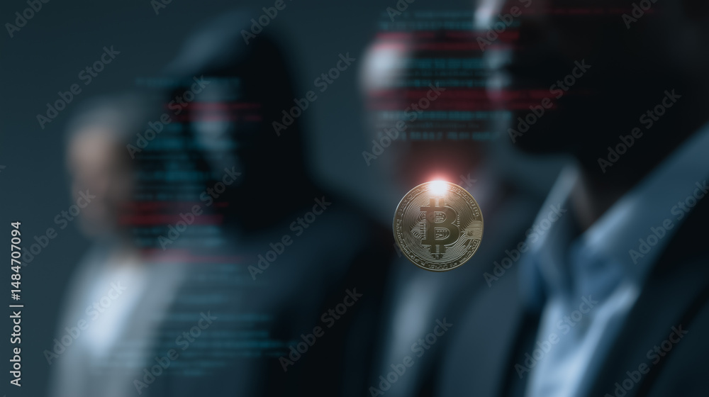 Poster bitcoin future: silhouetted figures gather, contemplating the shimmering allure of a bitcoin, repres