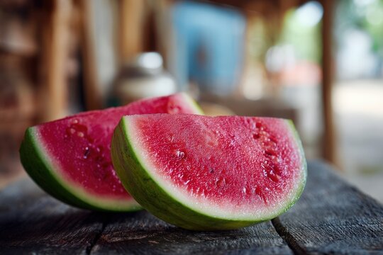 Fresh watermelon slices on rustic wooden table. - Powered by Adobe