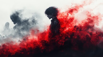 A solitary figure standing between opposing forces, enveloped in contrasting smoke