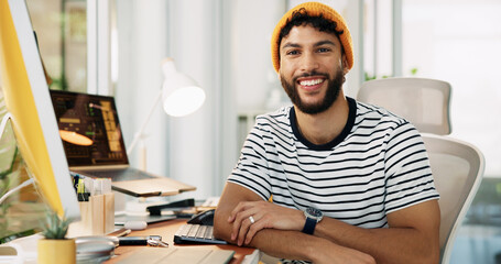 Portrait, computer and smile with business man in office or creative newsletter, publication or...