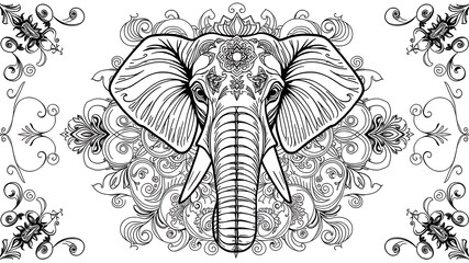 Ornate Elephant Head Design on a Damask Background