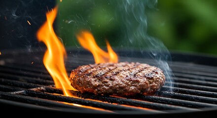 Grilled Burger on Fire with Smoke