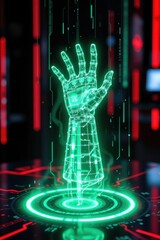 a futuristic holographic display of a robotic arm in mid air, radiating a soft neon green glow