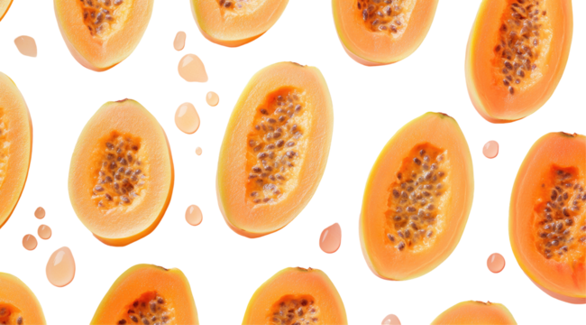 Ripe papaya halves arranged in a repeating pattern against a black background, interspersed with small translucent droplets