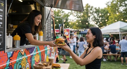 Woman Buying Hamburger From Food Truck