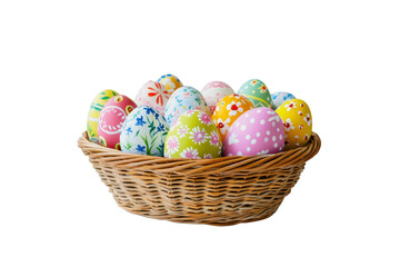 Decorated easter eggs in a wicker basket for holiday celebrations on transparent background