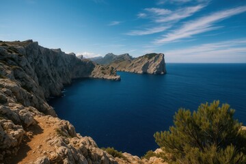 Obraz premium A scenic view of rugged coastal cliffs meeting the deep blue ocean, with green foliage and mountains in the distance