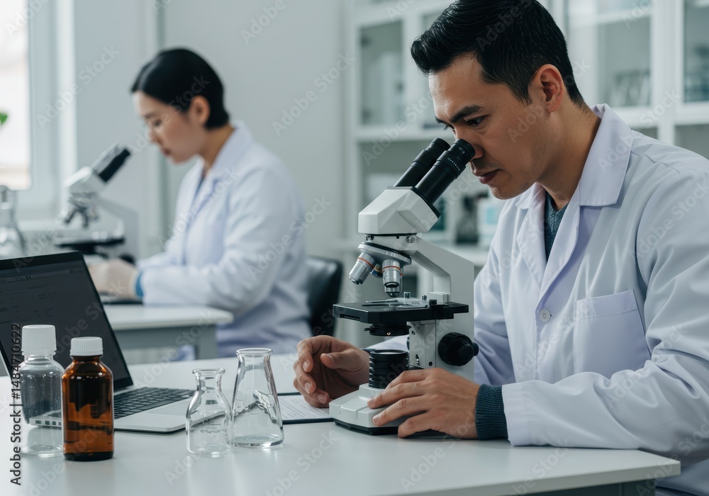 Aufkleber asian scientist using a microscope in a laboratory with another researcher and lab equipment