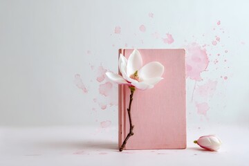 Delicate pink book with magnolia flower, a spring scene.