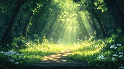 Fototapeta premium A serene forest path illuminated by sunlight. surrounded by lush greenery and vibrant flowers. inviting exploration and tranquility in a peaceful natural setting