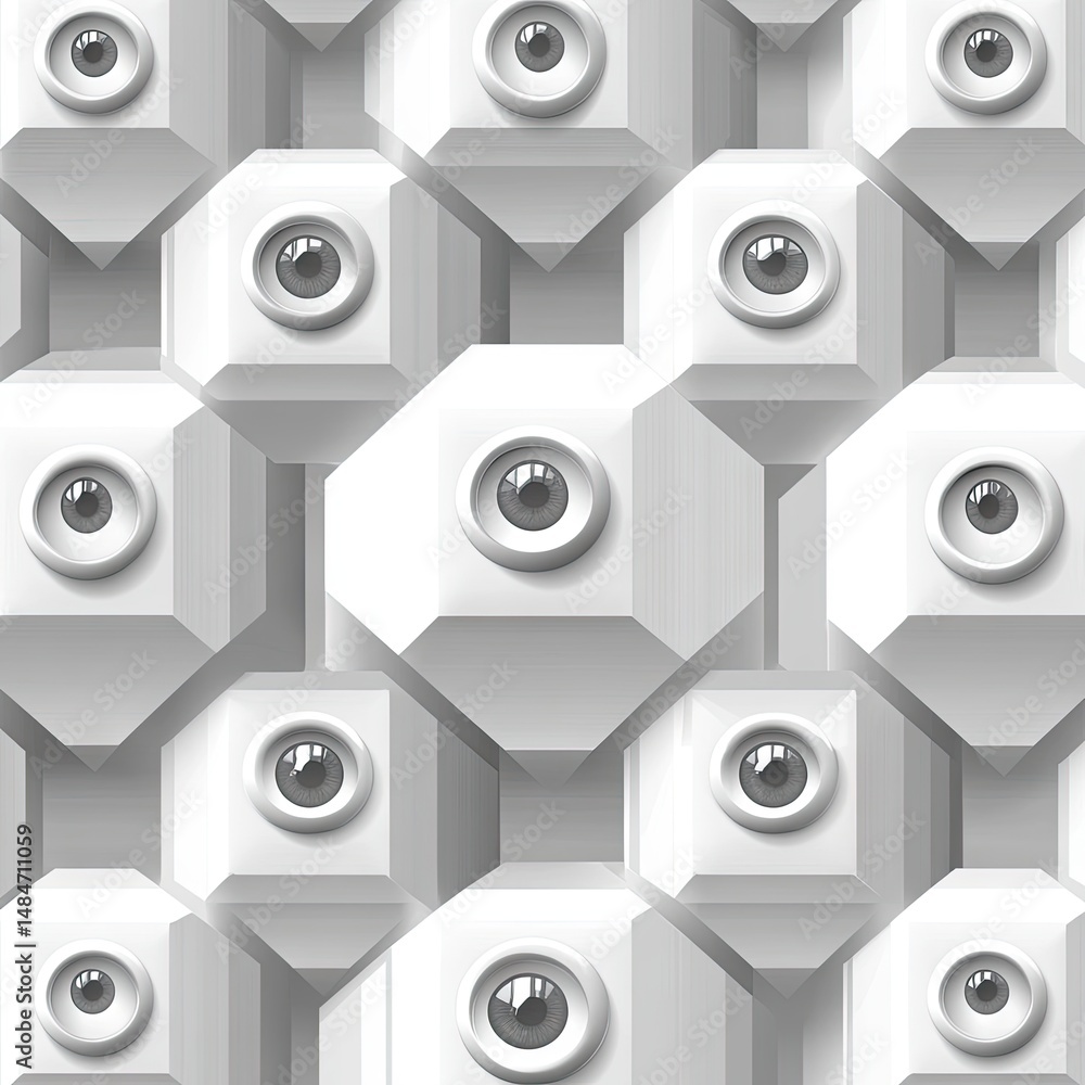 Poster a seamless pattern of white geometric shapes featuring central black spheres. creating a modern and 