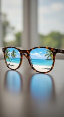 Sunglasses beach ocean palm trees vacation travel summer tropical eyewear reflection paradise view sun