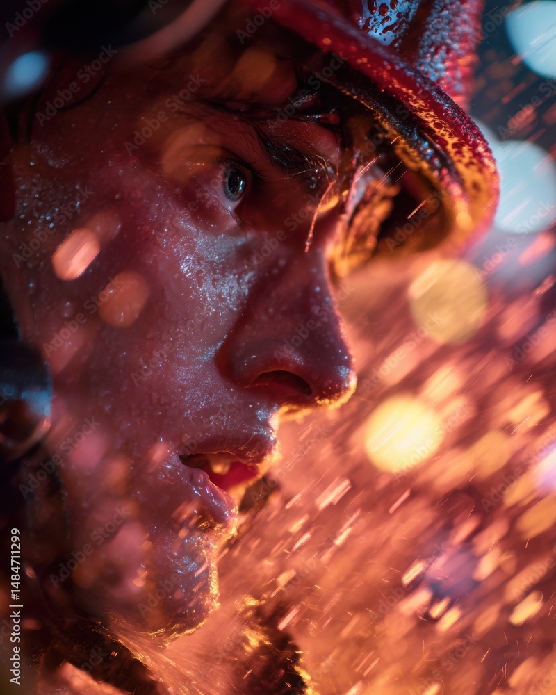 Poster intense close-up of a person's wet face and helmet under dramatic lighting, capturing determination 
