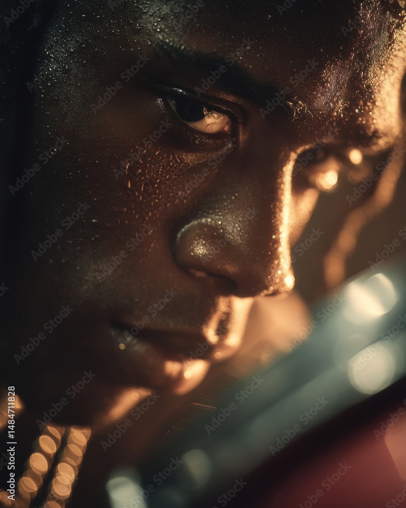 Poster close up portrait of a sweaty face with intense focus and dramatic lighting, conveying determination