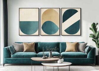 A modern living room featuring a teal sofa and armchair. adorned with abstract art on the walls. creating a cozy atmosphere with natural light streaming in