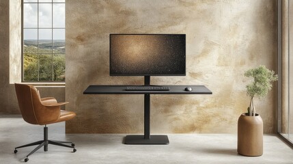 Modern standing desk with monitor and chair in a minimalist office space