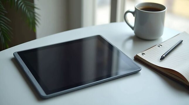 Tablet and coffee on desk for remote work productivity seo optimized
